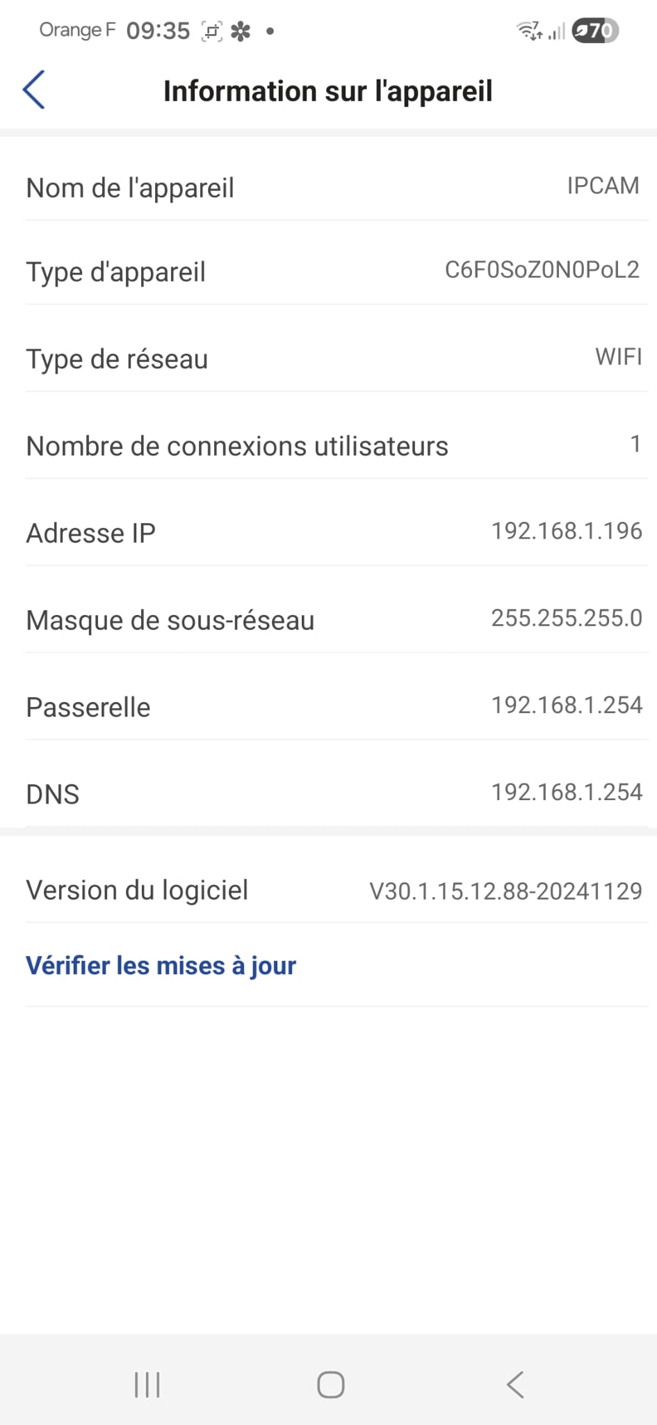 Informations reseau de la camera